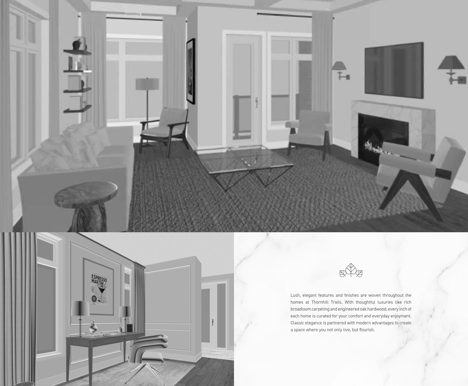 Interior concept of a living room with fireplace and a home office at Thornhill Trails