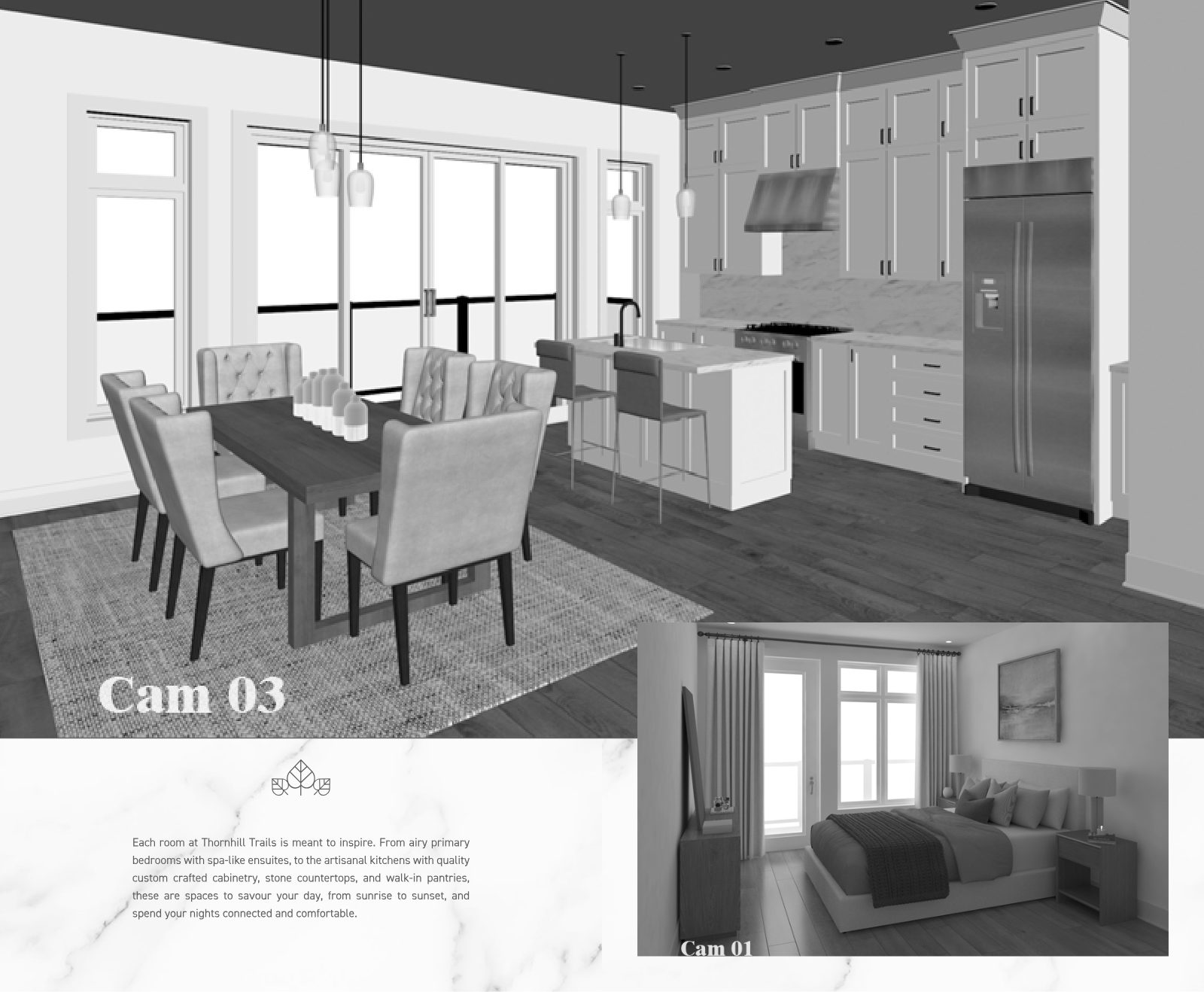Interior concept of an open kitchen and dining area with island and a primary bedroom at Thornhill Trails