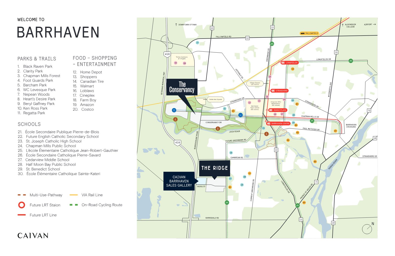 Map of Barrhaven showing The Conservancy location near parks, trails, schools and shopping