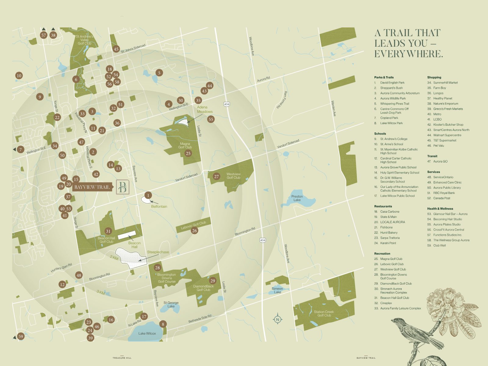 Amenities map around Bayview Trail, Aurora