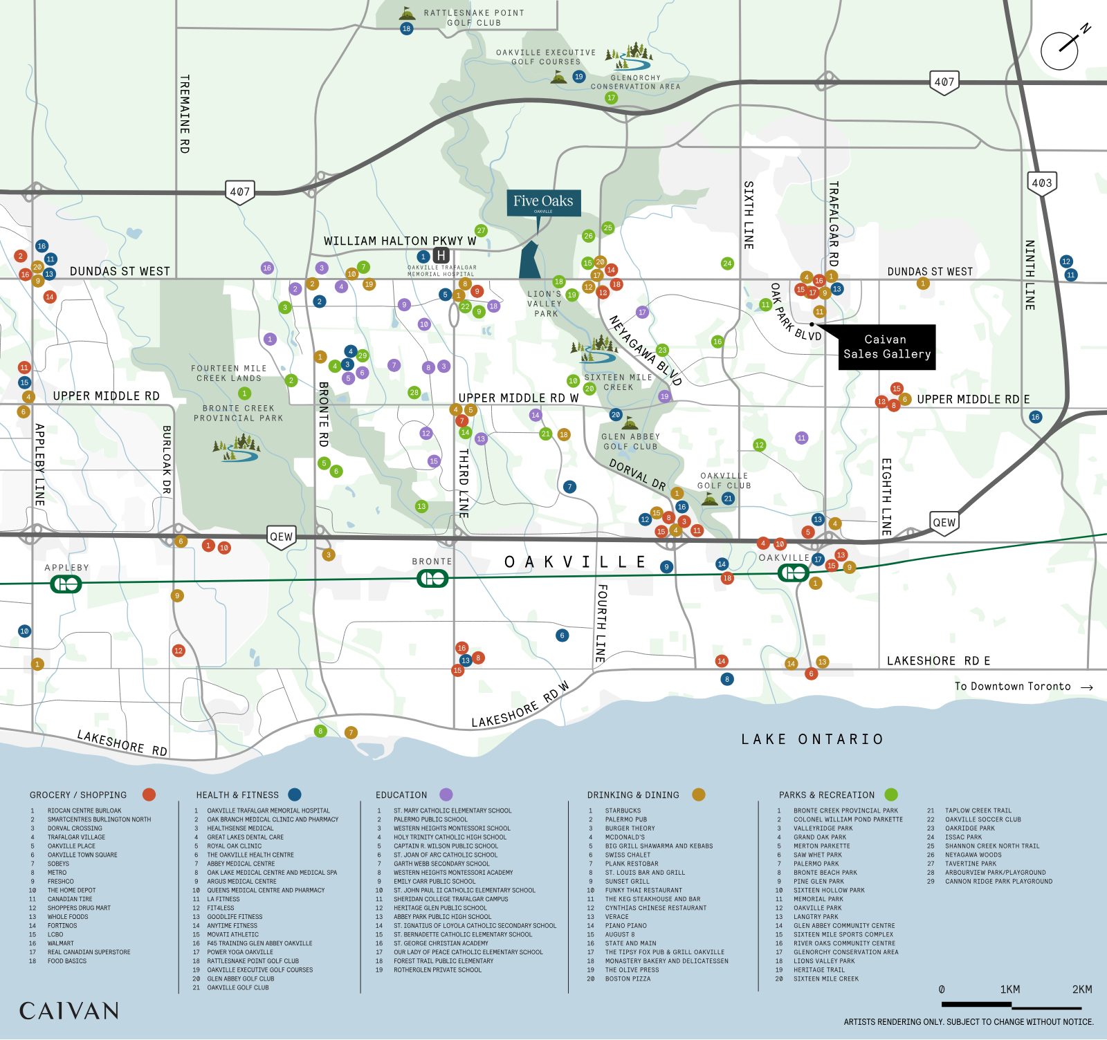 Five Oaks Oakville amenity map showing nearby shopping, health, education, dining, parks, highways and GO stations