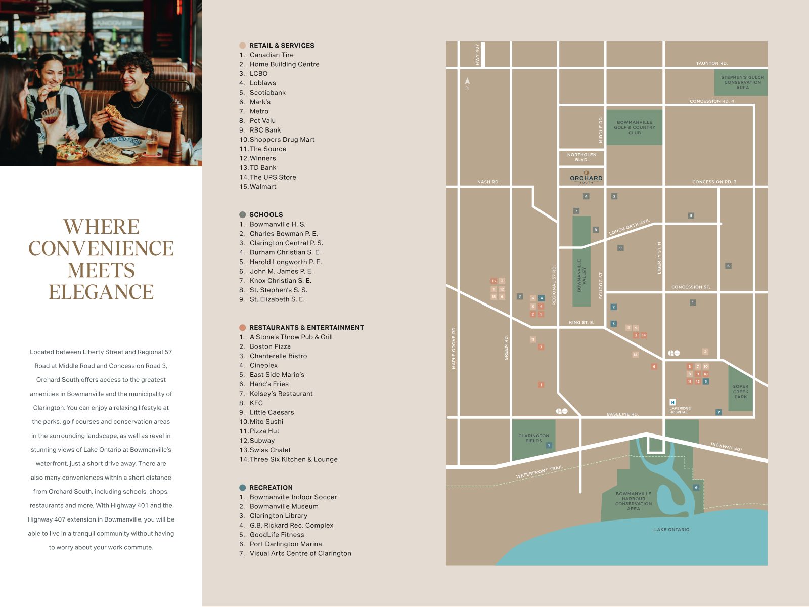 Orchard South amenity map showing nearby retail, schools, restaurants and recreation in Bowmanville