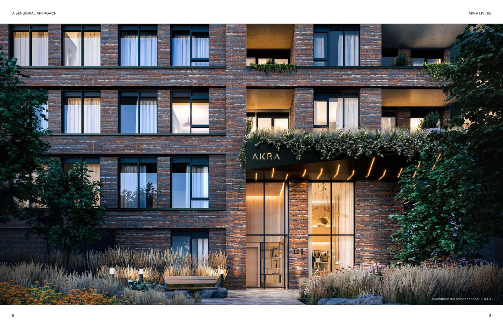 AKRA brick facade and landscaped entrance