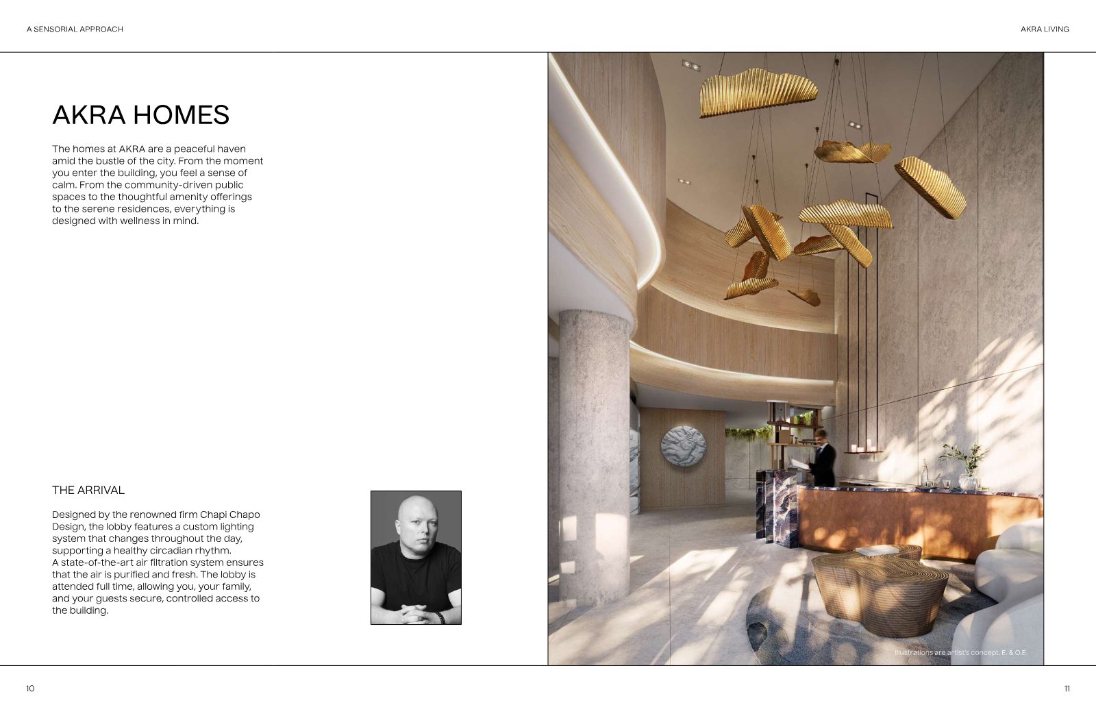 AKRA double-height attended lobby with sculptural lighting