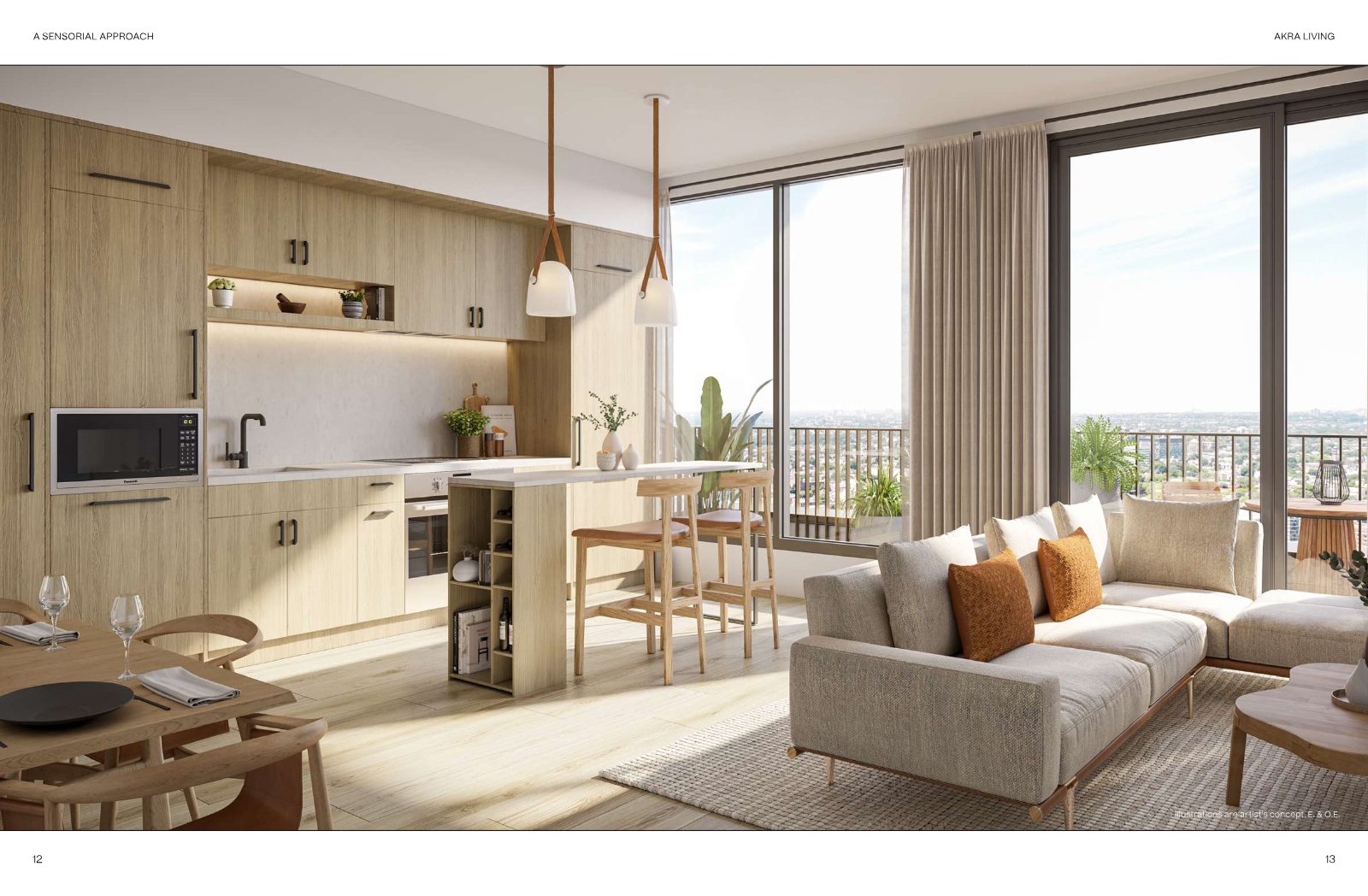Bright AKRA living room and two-tone kitchen with city views