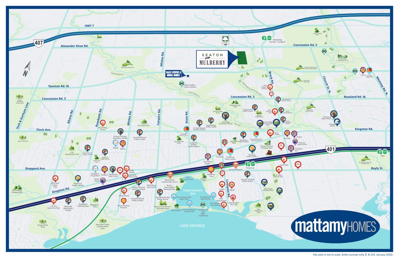 Amenity map of Pickering showing Seaton Mulberry near Highway 407, Alexander Knox Road and Brock Road, with schools, shopping, parks, GO transit and Frenchman's Bay on Lake Ontario
