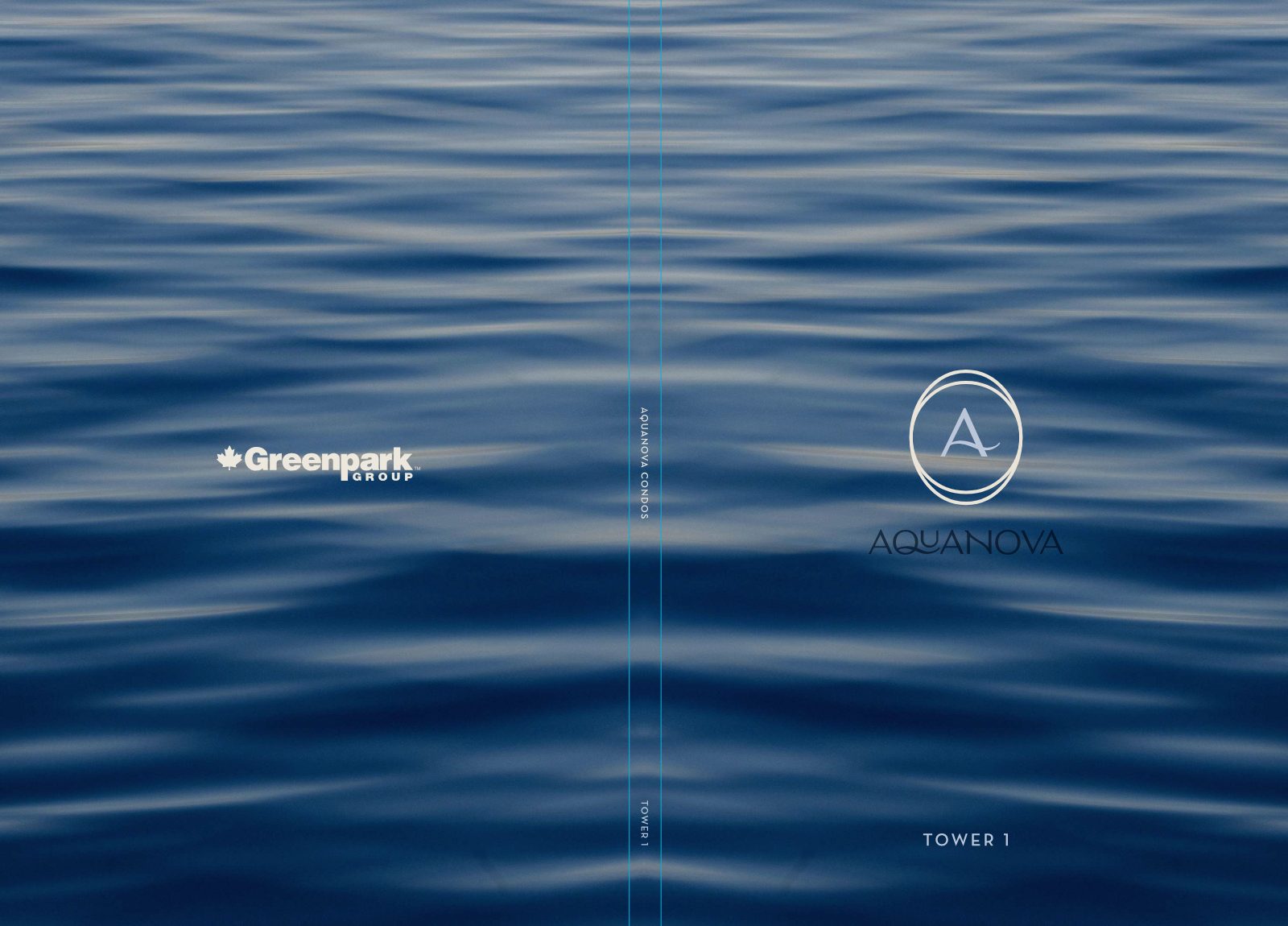 Aquanova Tower 1 brochure cover — rippling Lake Ontario water with the Aquanova emblem