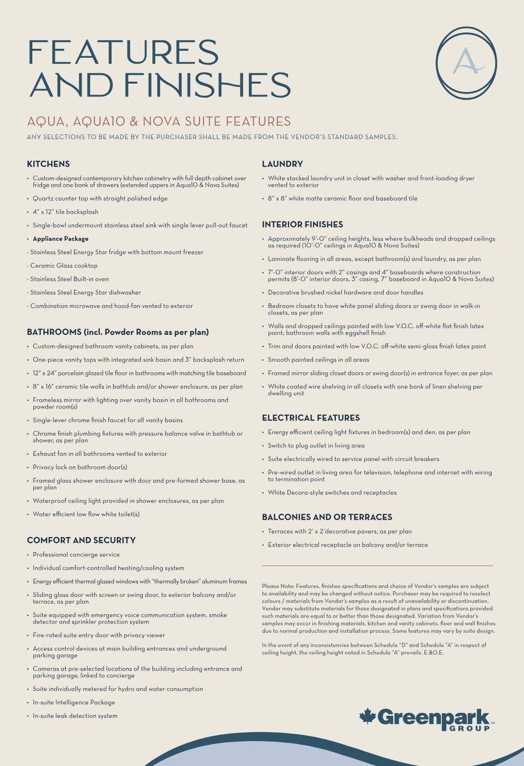 Aquanova features and finishes sheet for Aqua, Aqua10 and Nova suites