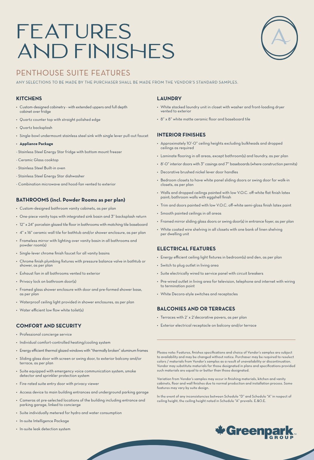 Aquanova penthouse suite features and finishes sheet