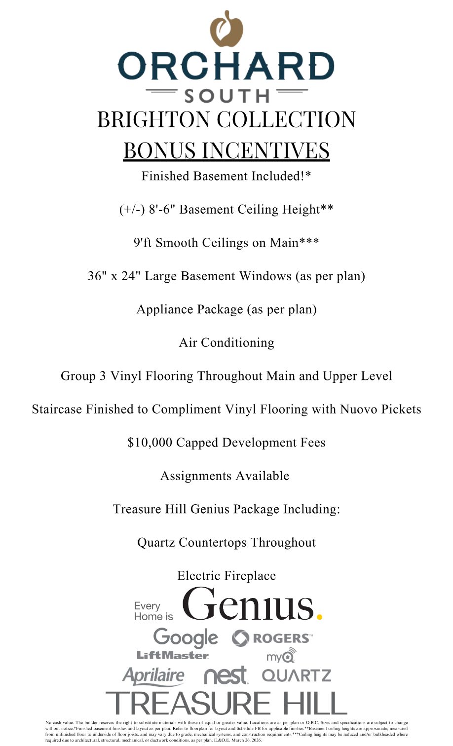 Orchard South Brighton Collection bonus incentives sheet listing finished basement, 9 foot ceilings, appliances, air conditioning and the Treasure Hill Genius package