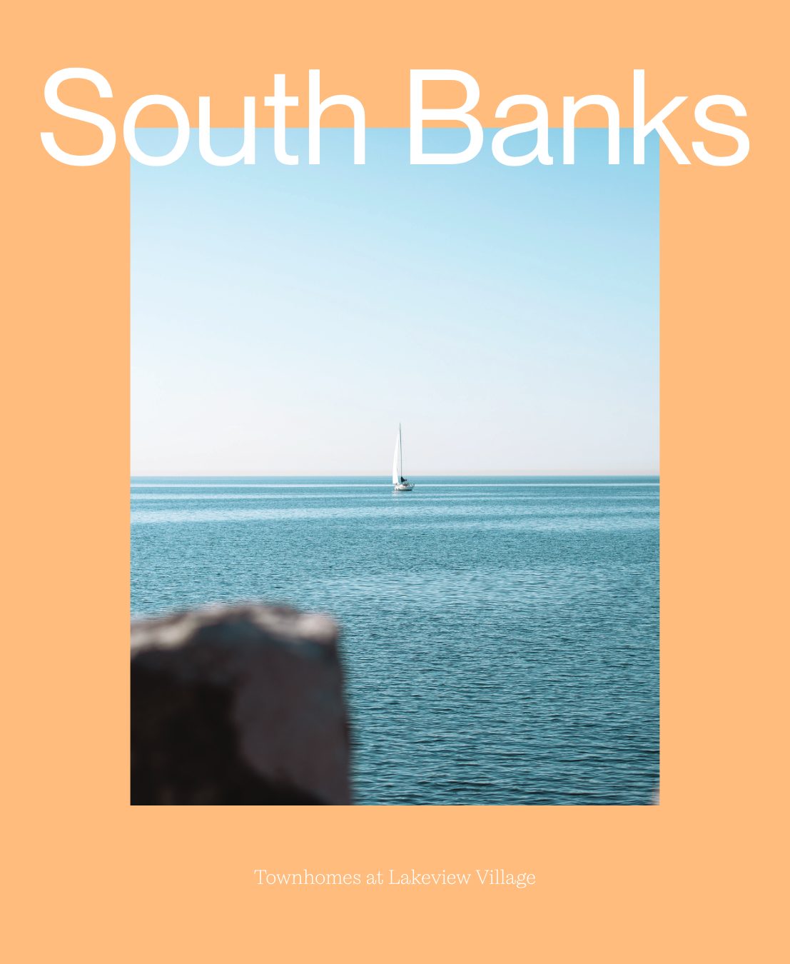 South Banks brochure cover: a sailboat on Lake Ontario framed in peach, Townhomes at Lakeview Village
