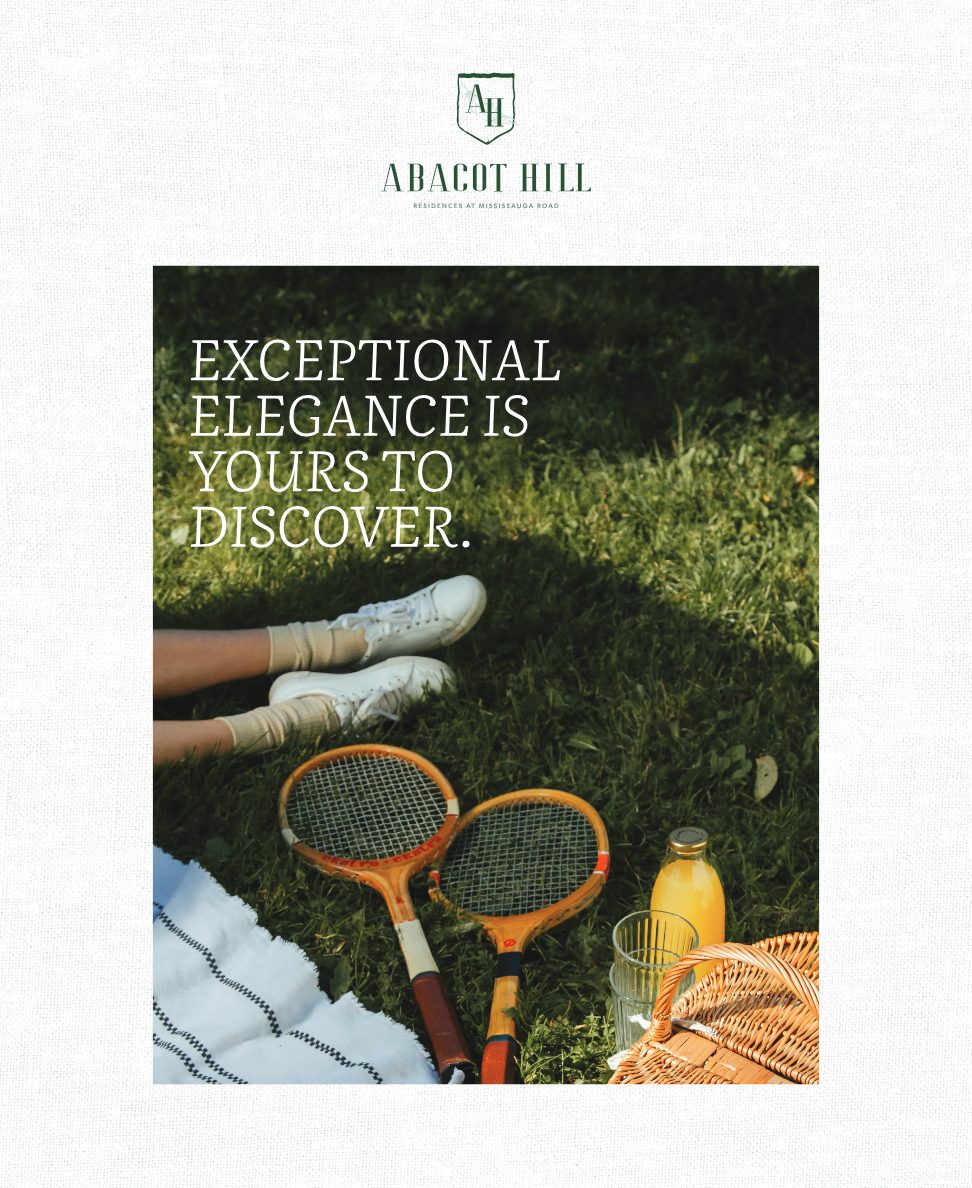 Abacot Hill brochure cover — picnic on the lawn with vintage tennis racquets: Exceptional elegance is yours to discover