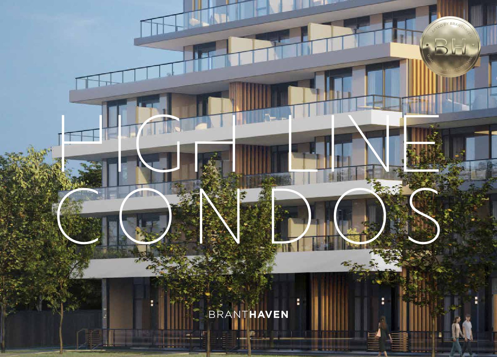 High Line Condos rendering — terraced glass balconies, warm wood accents and tree-lined streetscape by 