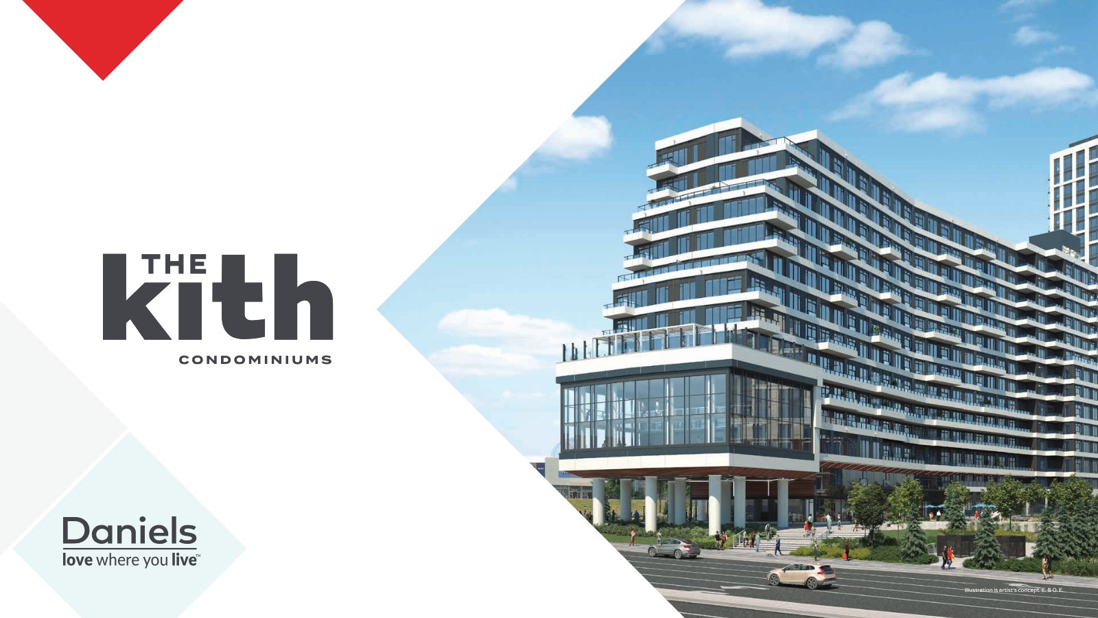 Rendering of The Kith Condominiums, a 15-storey terraced building with a glass-wrapped amenity podium on Erin Mills Parkway