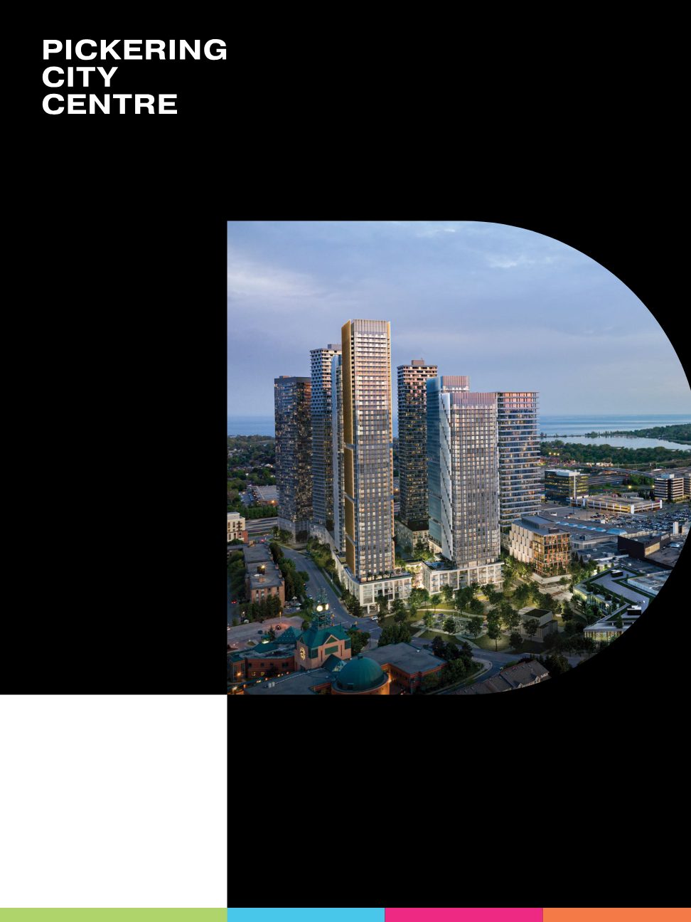 Pickering City Centre brochure cover showing the tower skyline at dusk