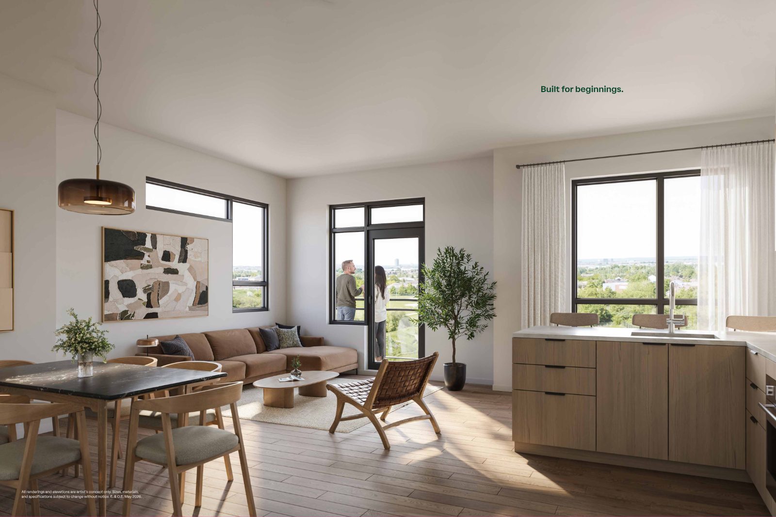 Rendering of a bright open-concept Spruce Trails living room and kitchen with wood-tone cabinetry and a balcony overlooking green space