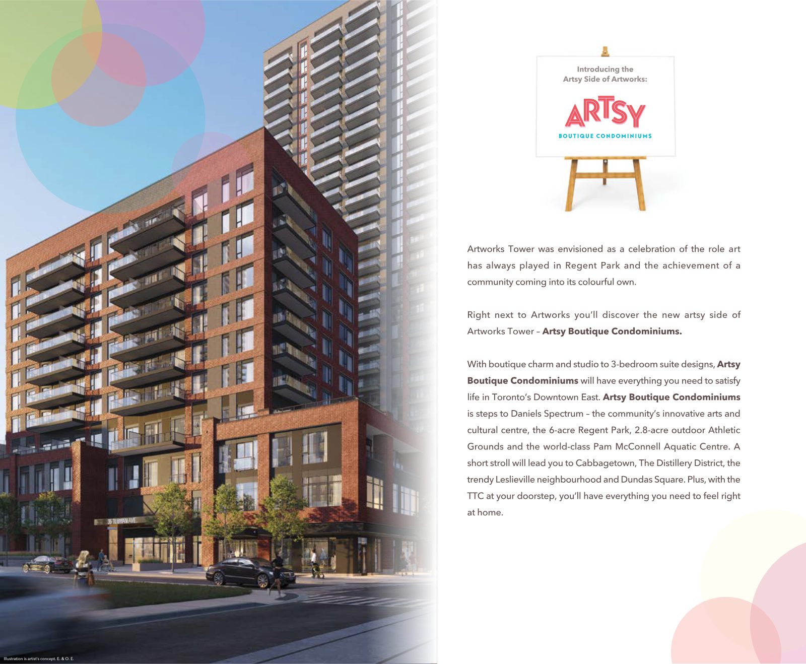 Artist's rendering of Artsy Boutique Condominiums red-brick building beside Artworks Tower