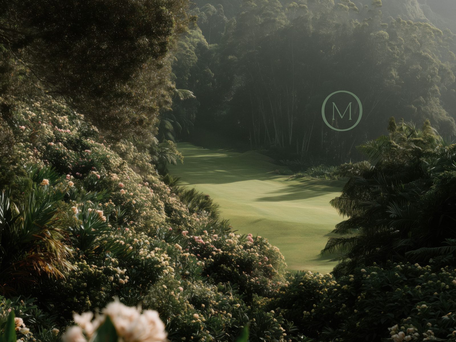 Sunlit golf fairway framed by lush flowering gardens and mature trees, evoking the Magna Golf Club setting behind Montara