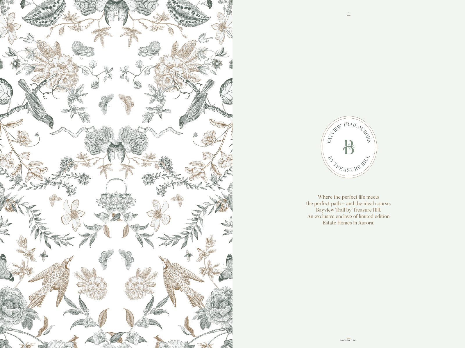 Bayview Trail Aurora by crest beside an engraved botanical illustration of birds, butterflies and florals