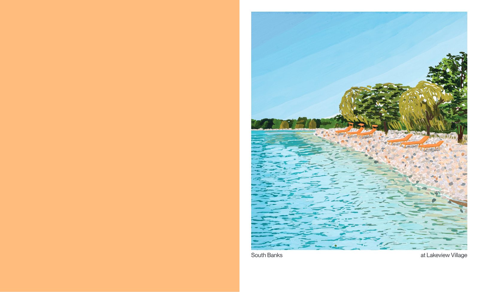 Illustrated painting of a turquoise lakeshore with orange loungers and willow trees, from the South Banks brochure