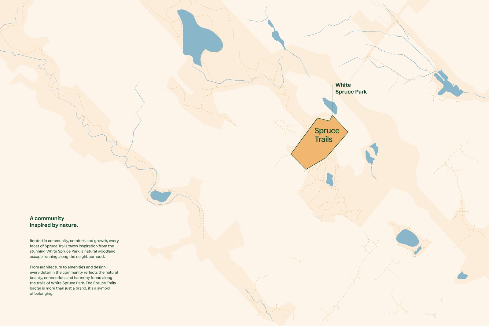 Illustrated map showing Spruce Trails beside White Spruce Park, surrounded by trails, woodland and water