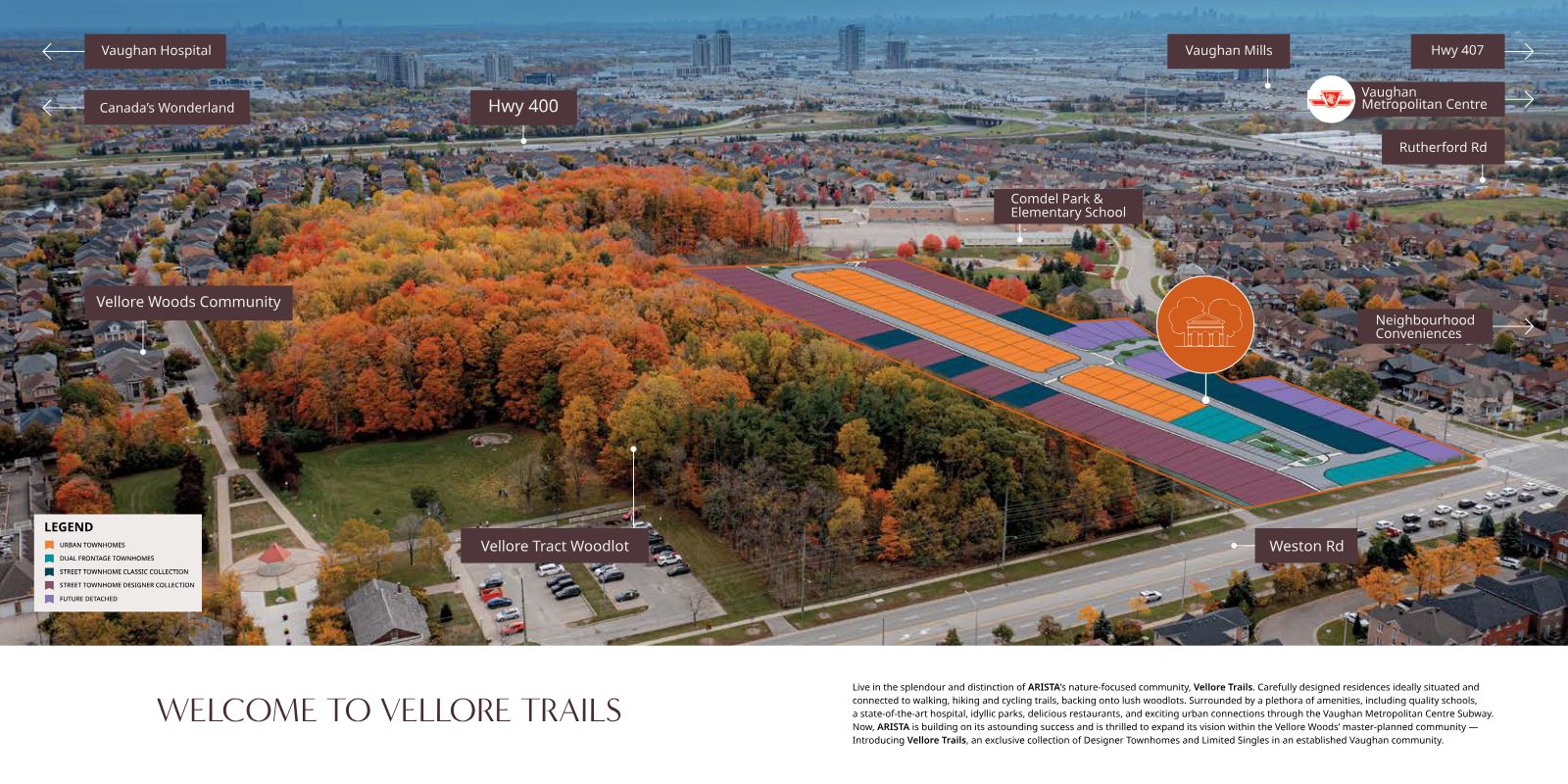 Aerial view of the Vellore Trails site on Weston Road beside the Vellore Tract Woodlot, Comdel Park and Elementary School, with Hwy 400, Vaughan Mills and the Vaughan Metropolitan Centre in the distance