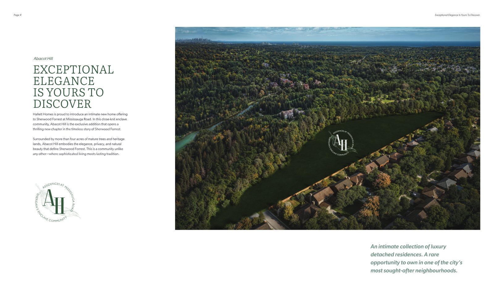 Aerial view of the Abacot Hill site surrounded by mature forest and the Credit River, with the Toronto skyline and Lake Ontario in the distance