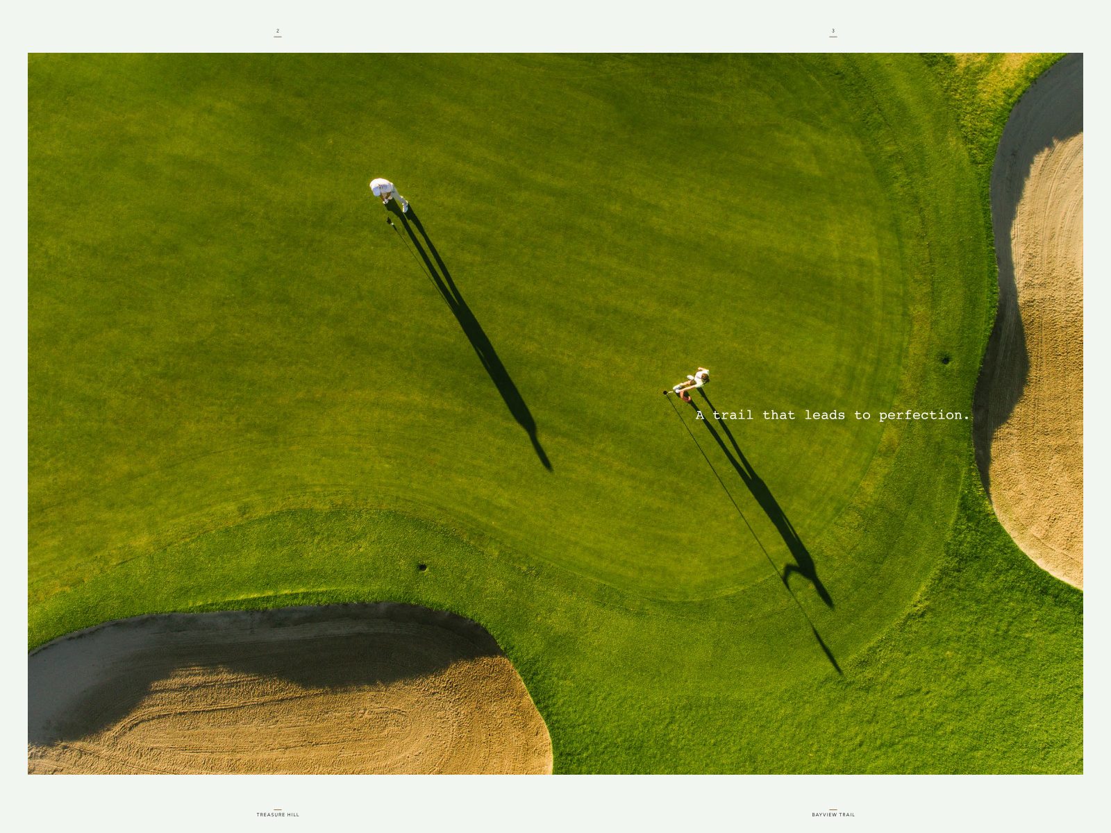 Aerial view of golfers on a manicured green framed by sand bunkers near Bayview Trail, Aurora