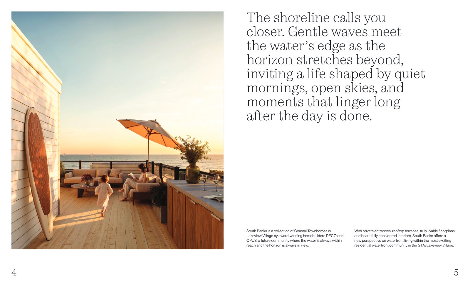 Artist's concept of a private rooftop terrace at sunset with lounge seating, umbrella and Lake Ontario views