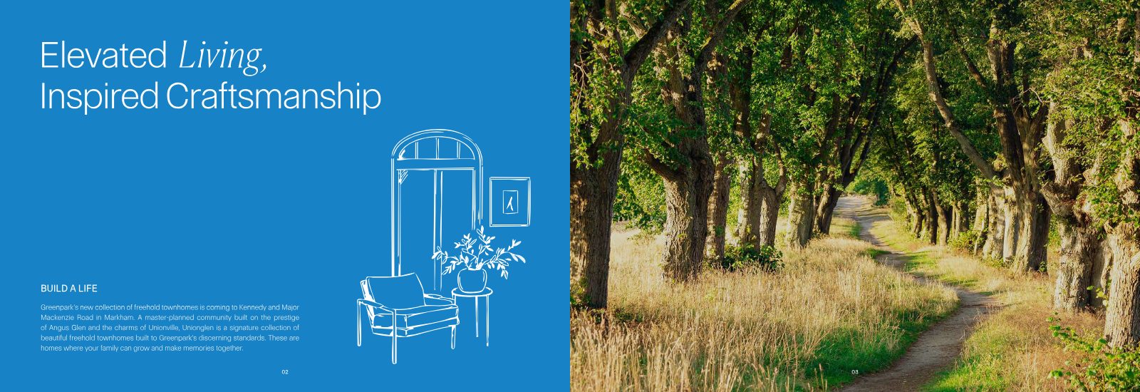 Unionglen brochure: Elevated Living, Inspired Craftsmanship — sunlit tree-lined trail near the community