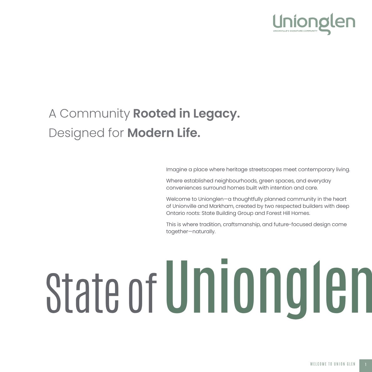 Unionglen brochure page: A Community Rooted in Legacy, Designed for Modern Life