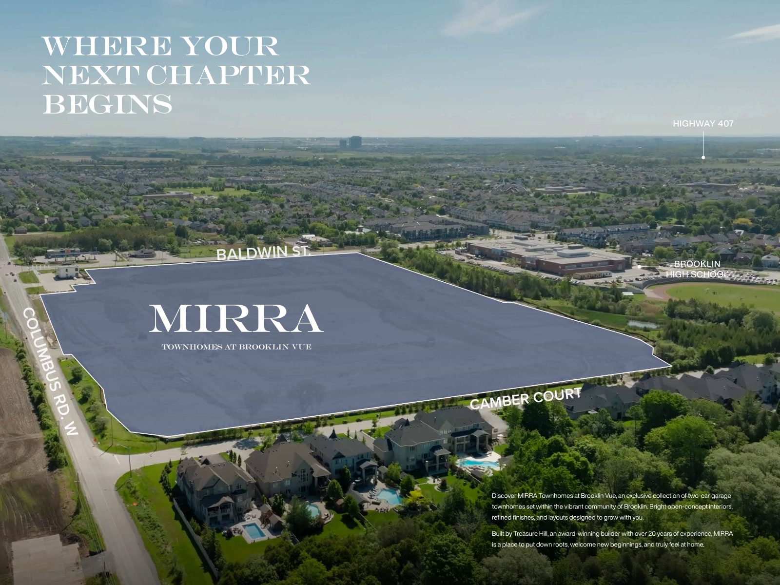 Aerial view of the MIRRA site within the Brooklin Vue community, near Baldwin Street and Highway 407