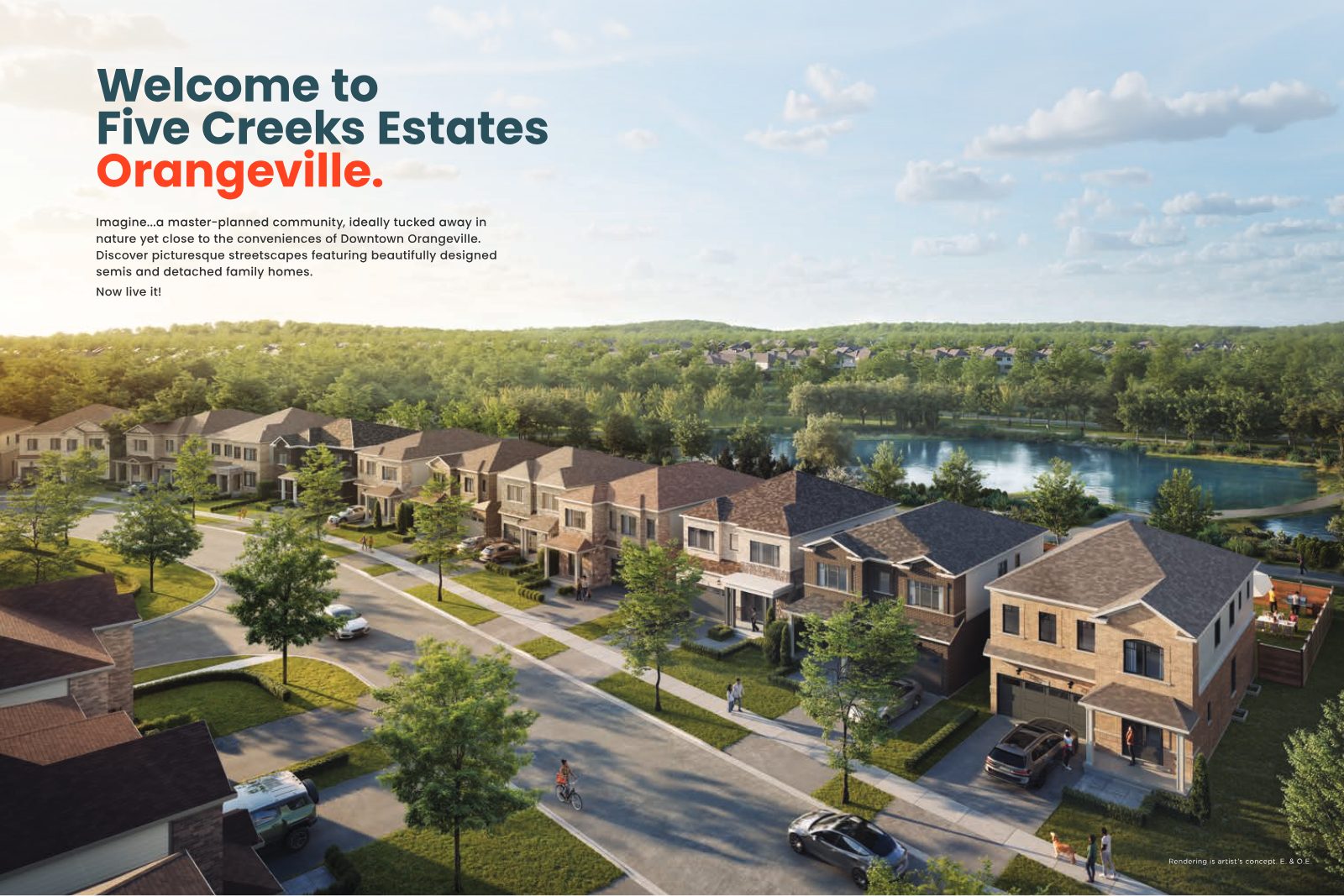 Aerial rendering of Five Creeks Estates: tree-lined streets of brick detached homes beside a pond and forest in Orangeville