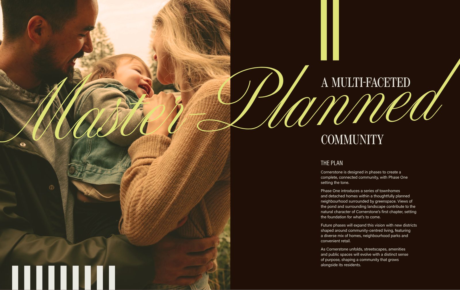 Cornerstone brochure spread: a young family embracing outdoors beside the headline A Multi-Faceted Master-Planned Community