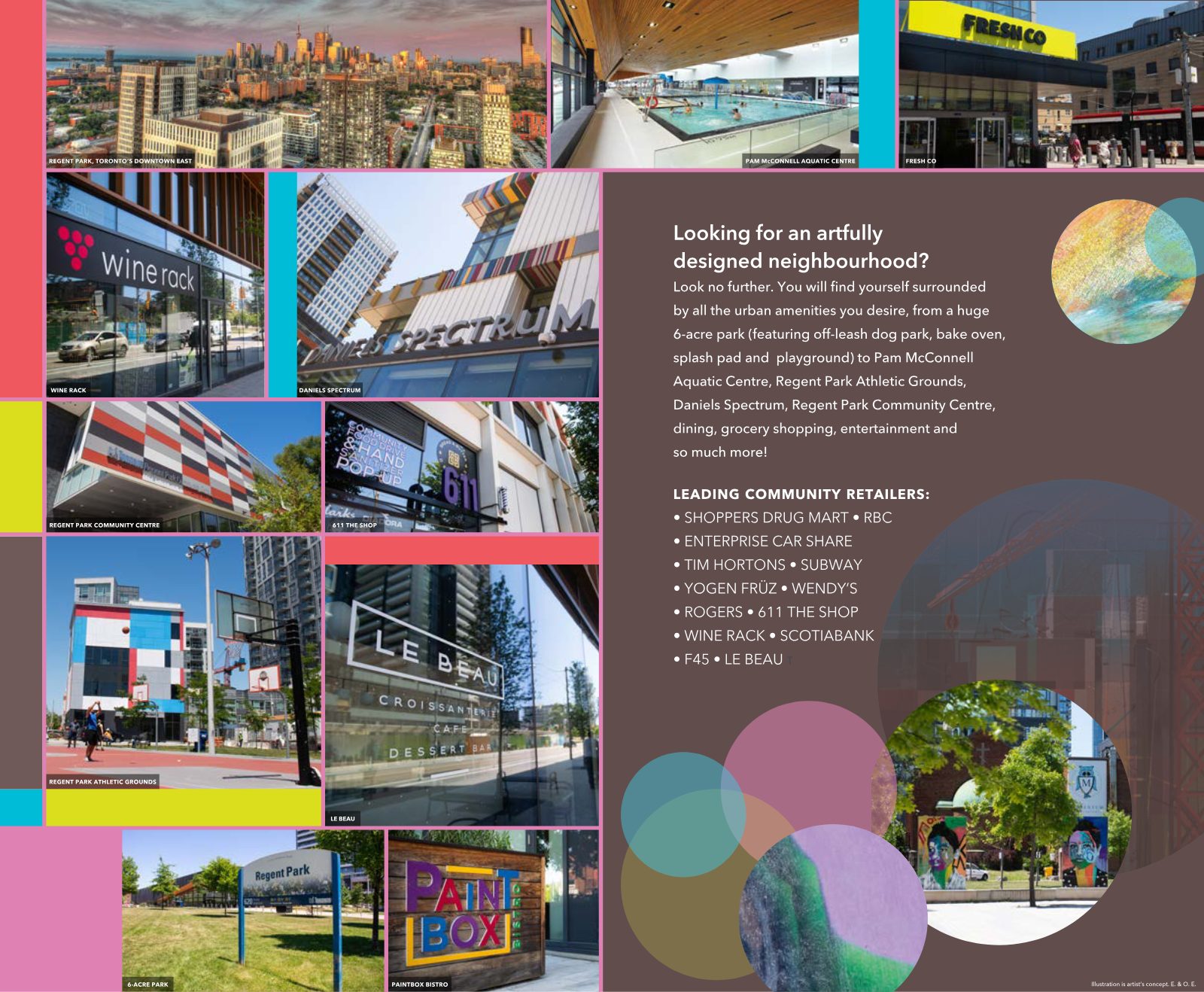 Regent Park neighbourhood highlights including Pam McConnell Aquatic Centre, Daniels Spectrum and local retailers