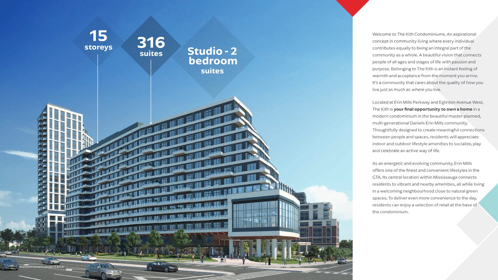 The Kith Condominiums rendering showing 15 storeys, 316 suites, studio to 2-bedroom suites at Erin Mills Parkway and Eglinton Avenue West