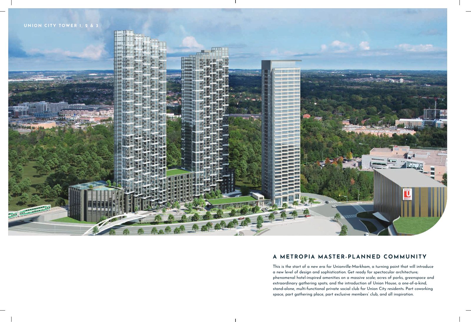 Aerial rendering of the Union City towers rising above Unionville-Markham