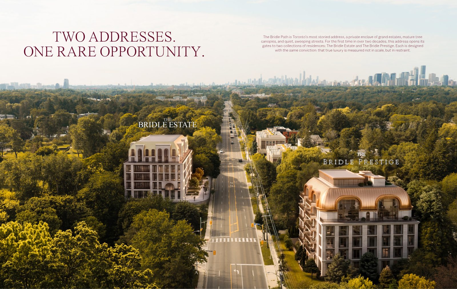 Aerial view of the tree-lined Bridle Path enclave with Toronto skyline beyond