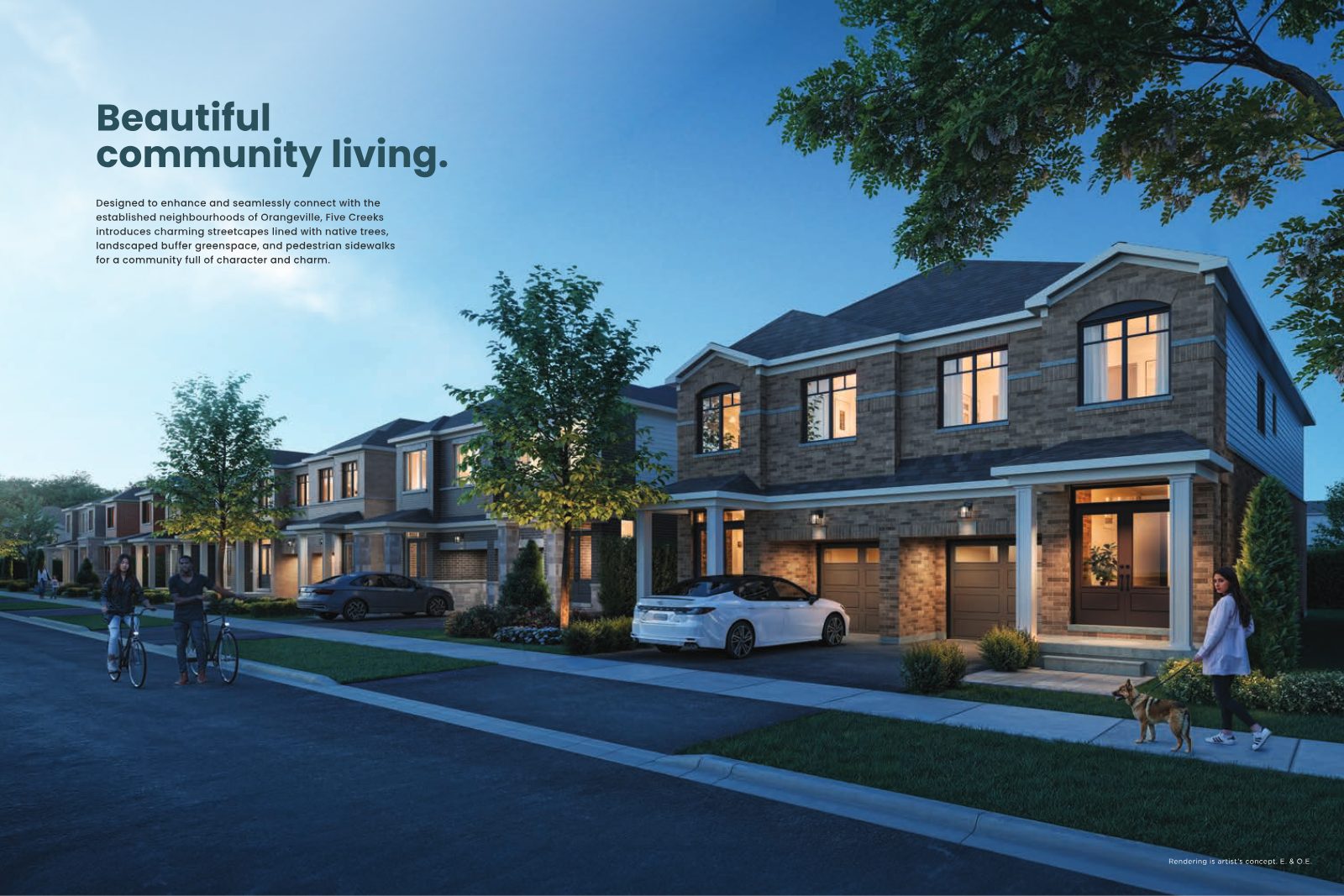 Dusk rendering of a brick semi-detached home with covered porch on a tree-lined street at Five Creeks