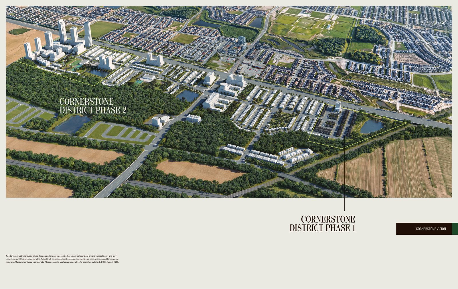 Aerial artist's rendering of the Cornerstone master-planned community vision in Heritage Heights, Brampton, showing Phase 1 and Phase 2 districts among forest and ponds