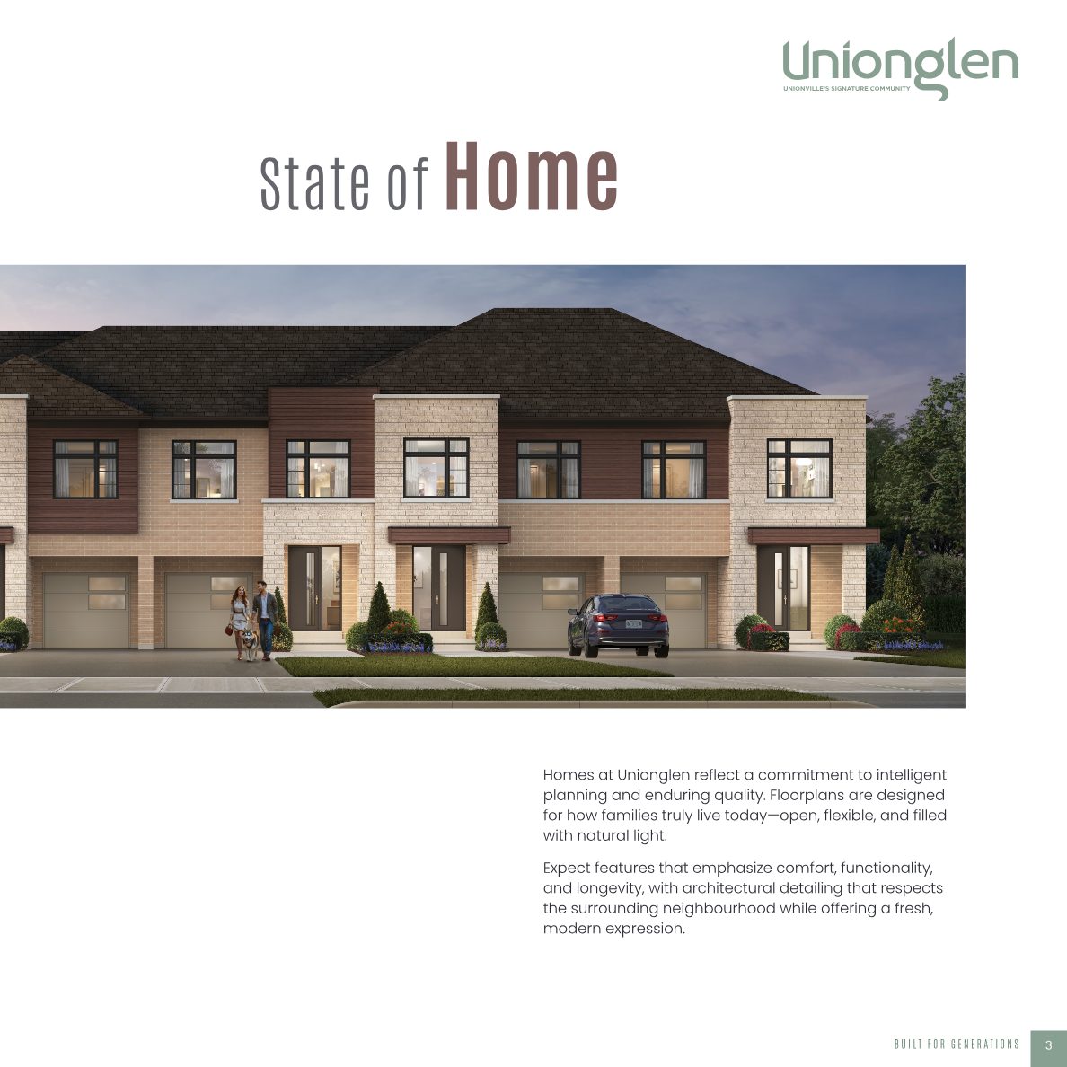 Unionglen 'State of Home' brochure page with an artist's concept rendering of a row of brick and stone freehold townhomes at dusk