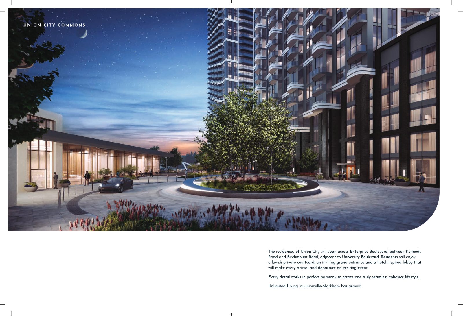 Evening rendering of Union City Commons courtyard and grand entrance