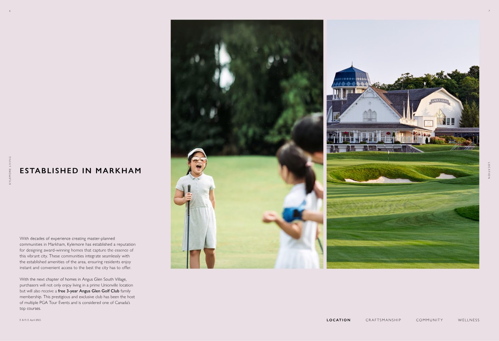 Brochure spread showing young golfers and the Angus Glen Golf Club clubhouse overlooking the course