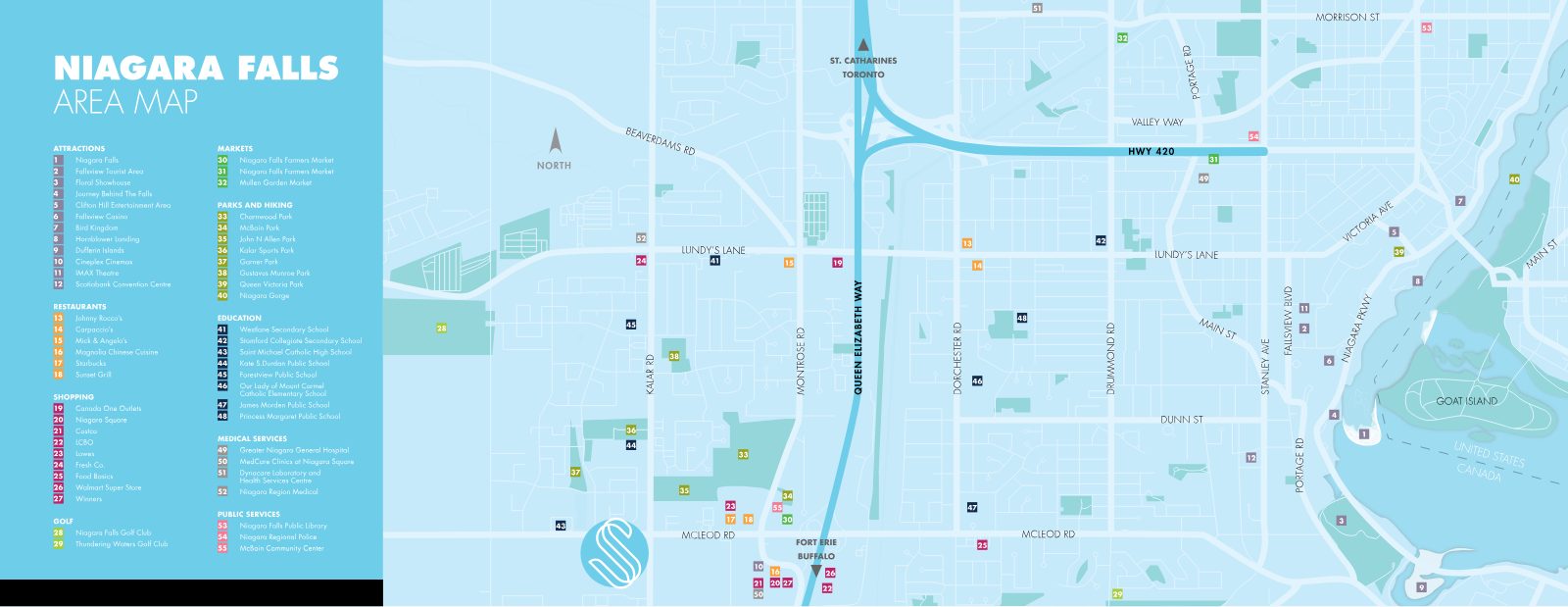 Niagara Falls area map showing Splendour at Kalar Road and McLeod Road near the QEW, shopping, parks and schools