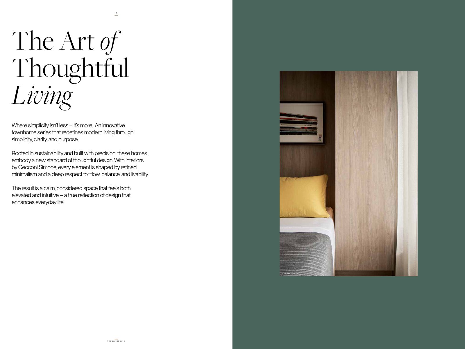 Unity brochure spread: The Art of Thoughtful Living, with a model home bedroom featuring natural wood millwork