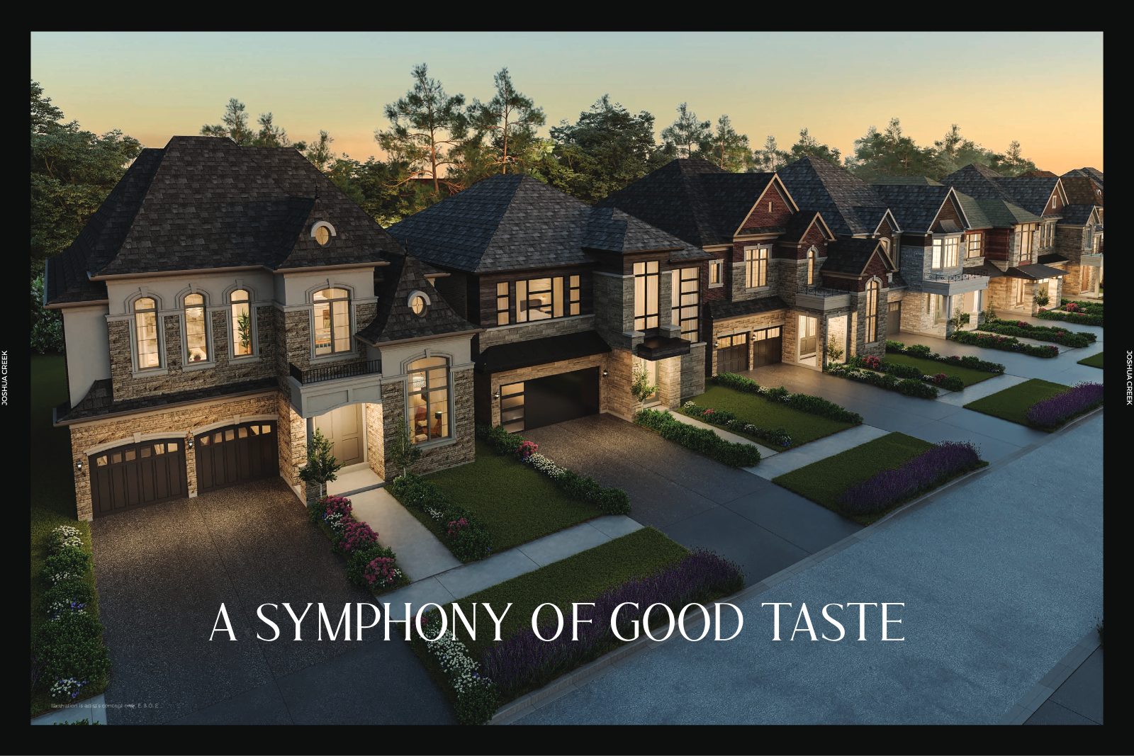 Twilight rendering of stone and brick detached homes on a landscaped street at Joshua Creek Montage, Oakville