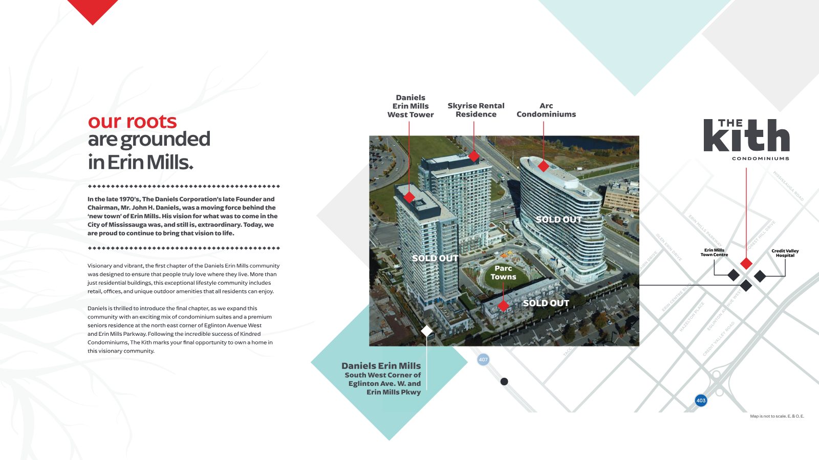 Map and aerial photo of the Daniels Erin Mills community showing sold-out buildings and The Kith at Eglinton Ave W and Erin Mills Pkwy