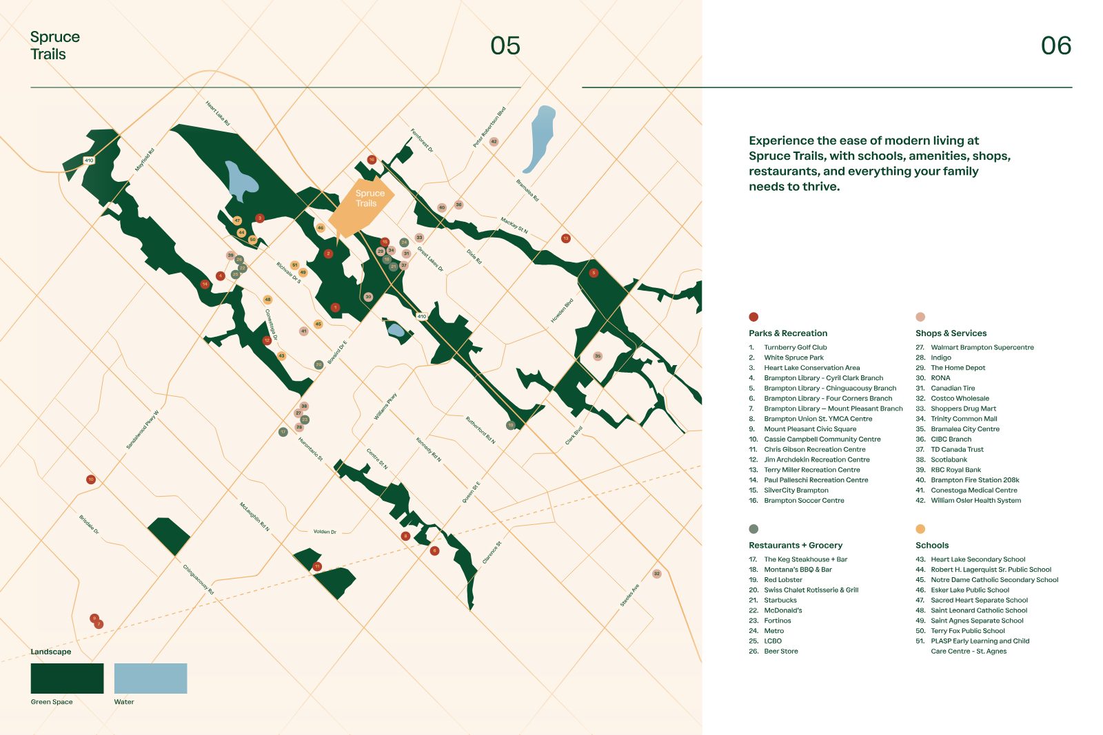 Neighbourhood map of Spruce Trails showing nearby parks, recreation centres, shops, restaurants, grocery stores and schools
