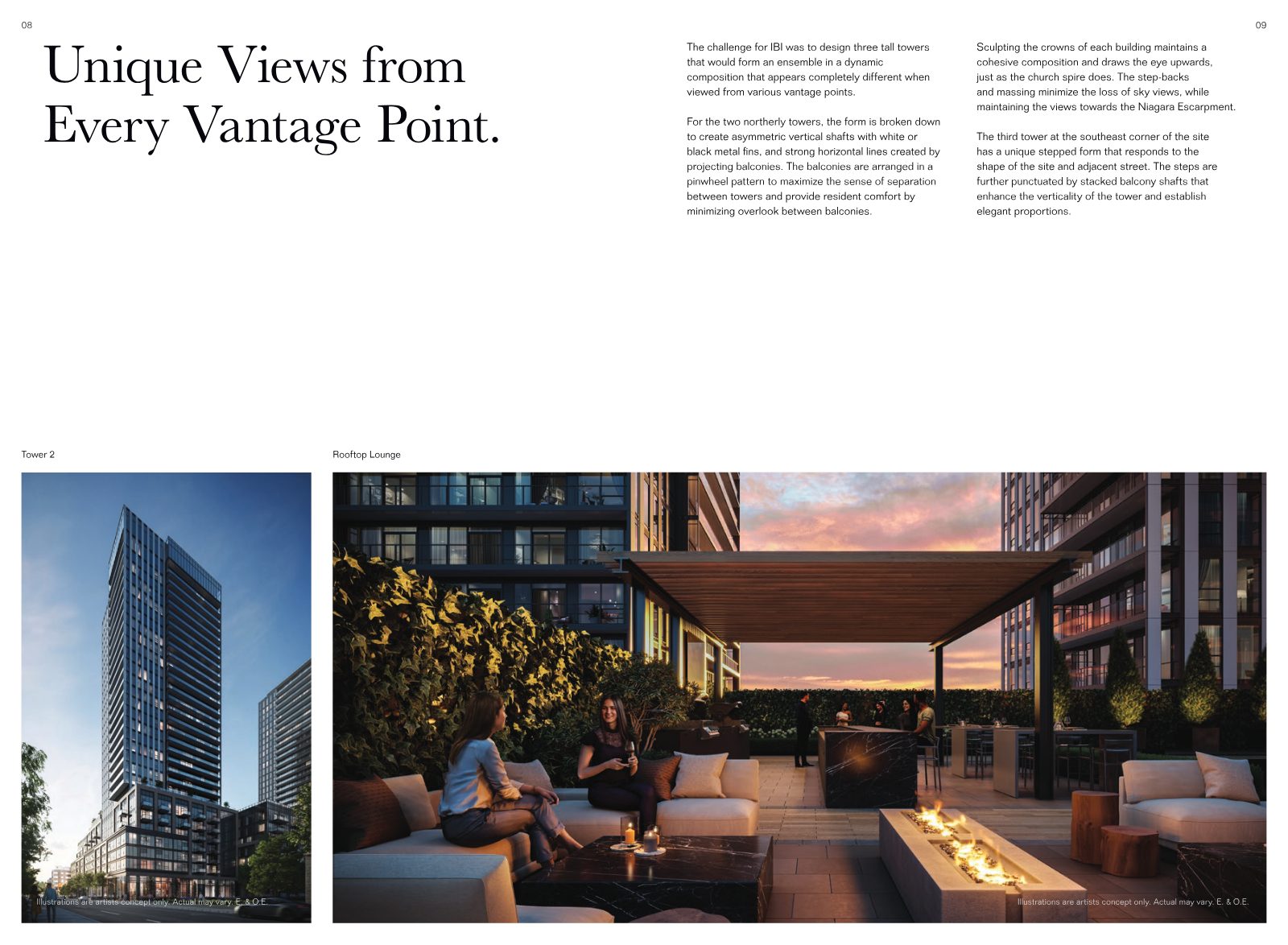 Rooftop lounge with fire feature and covered bar at sunset