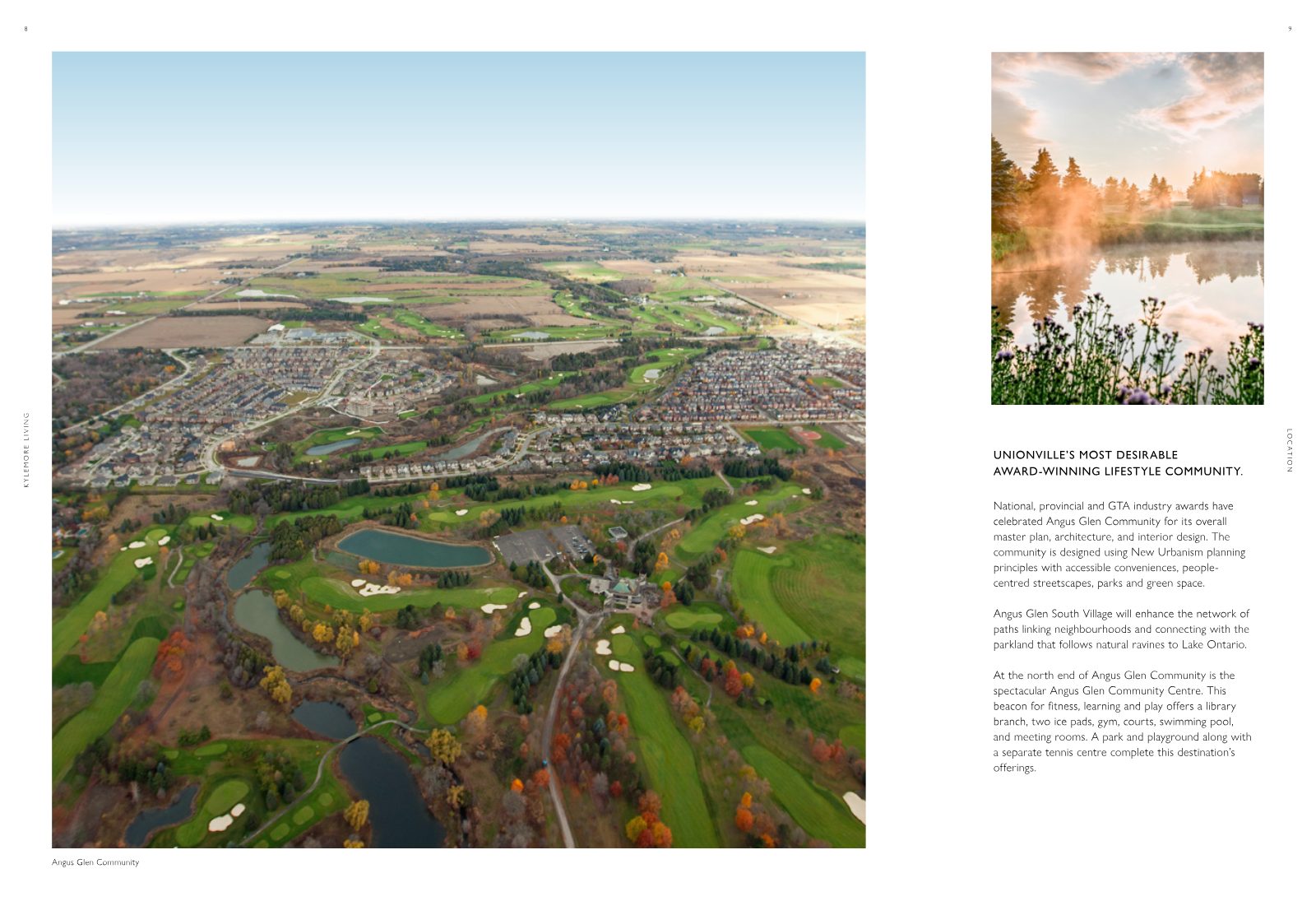Aerial view of Angus Glen Community and golf course with autumn trees and ponds